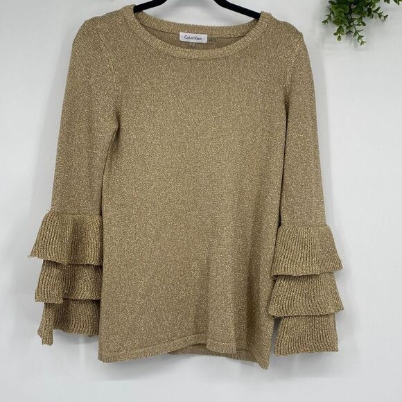 Calvin Klein Gold Metallic Round Neck Sweater Ruffle Bell Sleeves Small - Picture 1 of 14
